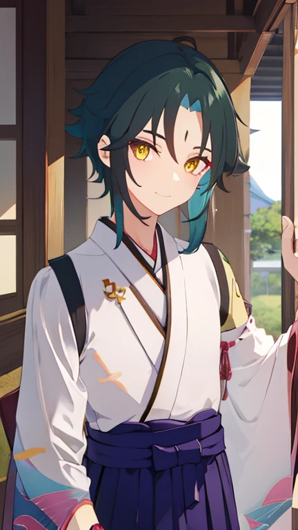 1 boy,dark green hair,highest quality,masterpiece,excessive,male focus,yellow eyes,beautiful eyes,beautiful boy,Family crested Hakama,Japan Kimono,kimono,Hakama,smile,