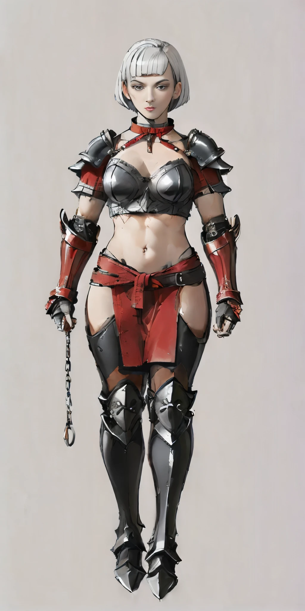 ((Plain background 1:2)) (Cammy White Street Fighter white silver short bob haircut) Female full body standing straight symmetrical looking to the viewer RED full body armored (handcuffs, shackles, rerebrace, faulds, poleyn, gauntlets, leather collar choker) big belt under belly button, navel, belt over belly button ((hands on hips))