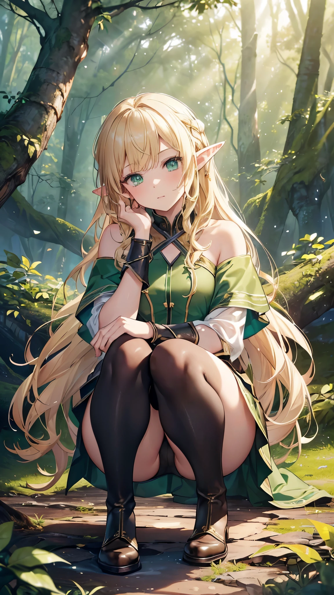 ((masterpiece)), ((highest quality)), ((High resolution)), ((Highly detailed CG synthesis 8k wallpaper)), ((On the branches of a tree in a deep forest:1.3)), ((Elf female cartoon character, Pointed elven ears, Wavy blonde hair, Green Eyes, Bare Skin:1.2)), Cowboy Shot, The skin is moist and shiny, She wears a flowing mini dress and gold-embellished leather armor., Long leather boots, ((Tilt your head, View from the front:1.2)), ((Squat with your legs apart)),