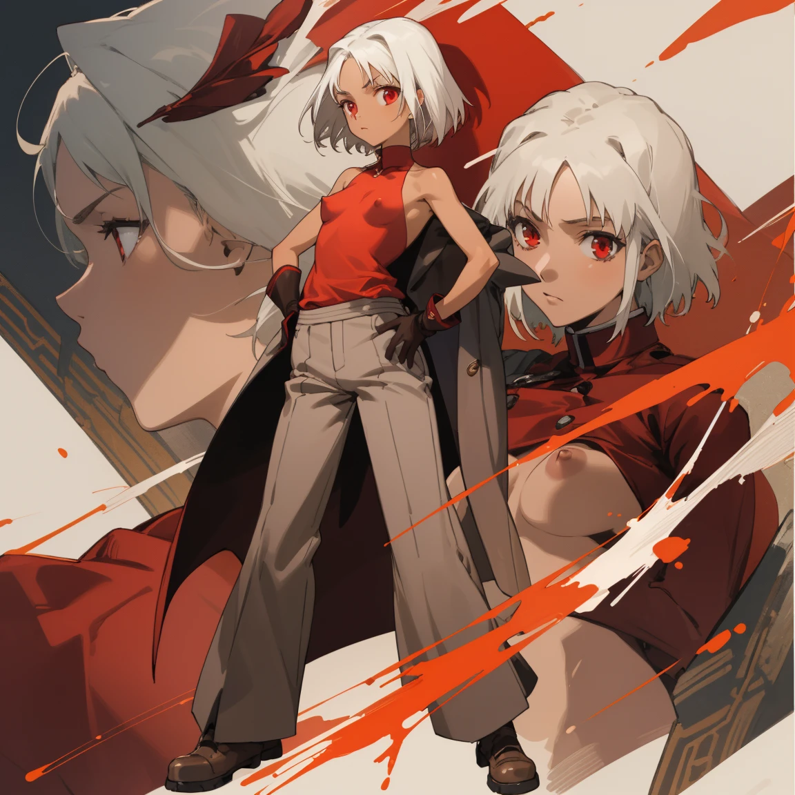 ((highest quality)), ((masterpiece)), (Familiar), Canaan, 1 girl, alone, Silver Hair,Brown Skin,Red eyes,Long trousers,Red sleeveless,Clothes with a visible back, thin,thin,short hair,Small breasts, Erect nipples, No bra, gloves, Hands on hips,Long coat