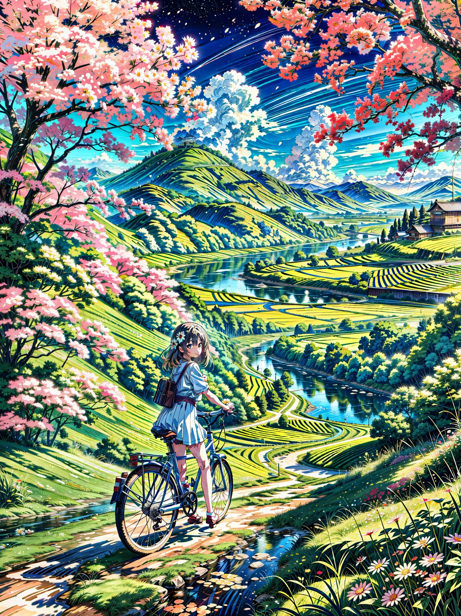a painting of a woman riding a bike down a dirt road next to a river, flowers, multicolored flowers, village, anime countryside landscape, anime landscape, daisy flowers, anime scenery, japanese rural town, anime landscape wallpaper, japanese countryside, anime beautiful peace scene, anime scenery concept art, anime nature, anime painting, anime nature wallpap, beautiful anime scenery, countryside in japan, rural japan, clean anime art, beautiful anime art style, very beautiful matte painting, beautiful nature, 4k hd, beautiful art uhd 4 k, a beautiful artwork illustration, beautiful digital painting, highly detailed digital painting, beautiful digital artwork, detailed painting 4 k, very detailed digital painting, rich picturesque colors, gorgeous digital painting