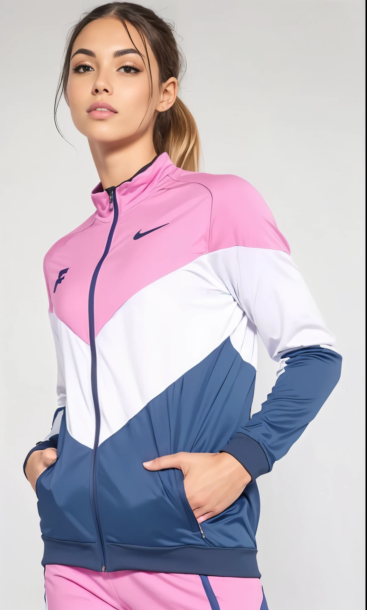 a woman linda in a pink and blue jaqueta and white pants, sports jaqueta, roupas esportivas, roupas esportivas, Hodie Mihi Cras Tibi, tennis wear, roupas esportivas fofas, jaqueta, vestindo um agasalho, harmony blue jaqueta, por David Rubin, in tennis coat, fato de treino, wearing a fato de treino, vestindo terno de atletismo, encapuzado