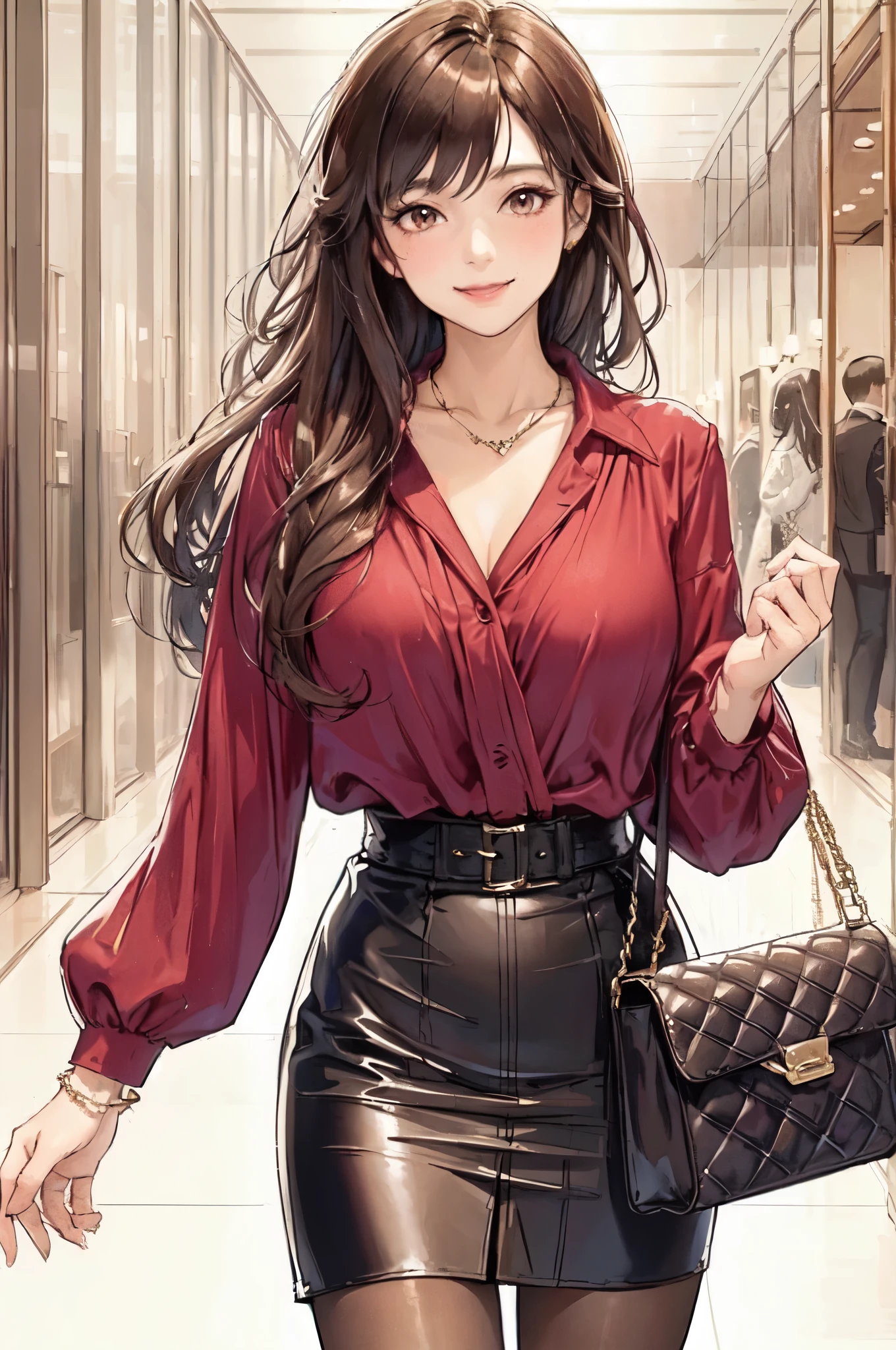 Anime girl in red blouse and black skirt holding a purse - SeaArt AI