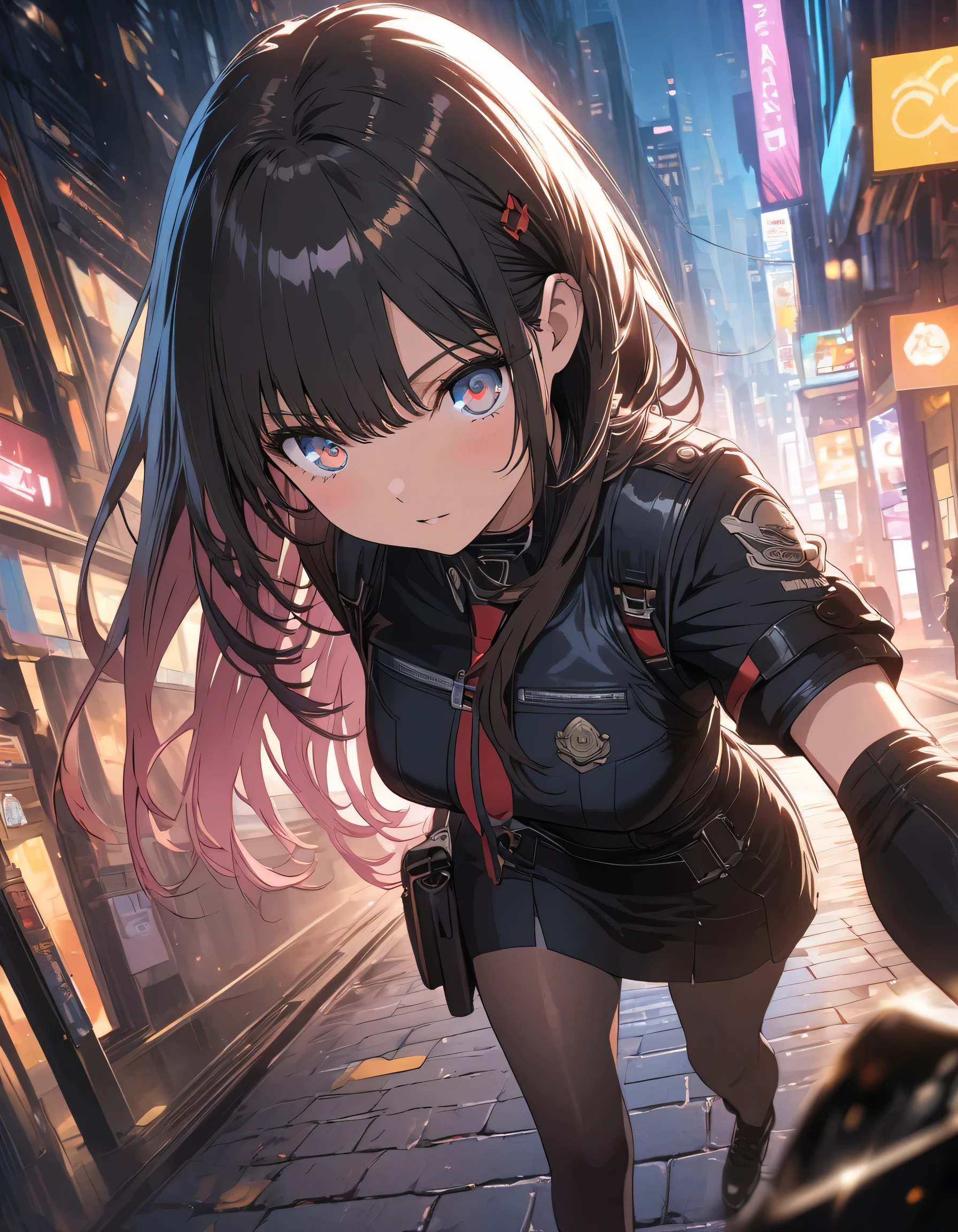 anime style, super fine illustration, highly detailed, dynamic angle, beautiful detailed, 8k, At night, in a cyberpunk cityscape, a female police officer patrols the neon-lit streets. Her footsteps echo against the damp pavement as she keeps a watchful eye on the shadows, ready to enforce justice in this futuristic metropolis.(highest quality、masterpiece、High resolution、detailed)、anime style、Flat Style、(Beautiful Eyes, Delicate and beautiful face, )  、Dynamic Angle、anime