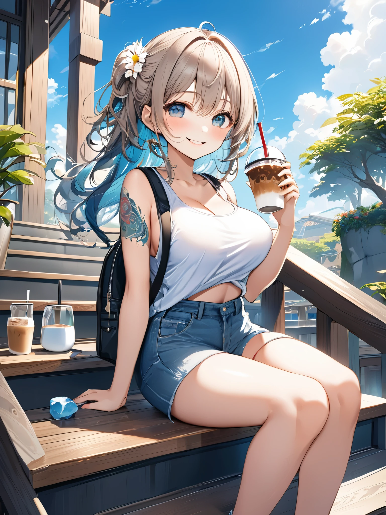 (best quarity,ultra detailed,ultra-high-resolution, 8k, masterpiece), from front, very-cute-and-beautiful-anime-girl,highly-detailed-face-and-eyes,smile, sitting on Long Staircase, drinking ice-coffee, tribal_tatoos, gradation hair, wavy hair, hairpins,big breast, windy, wearing stylish tanktop clothes, small backpack, plants, flowers, blue sky, 