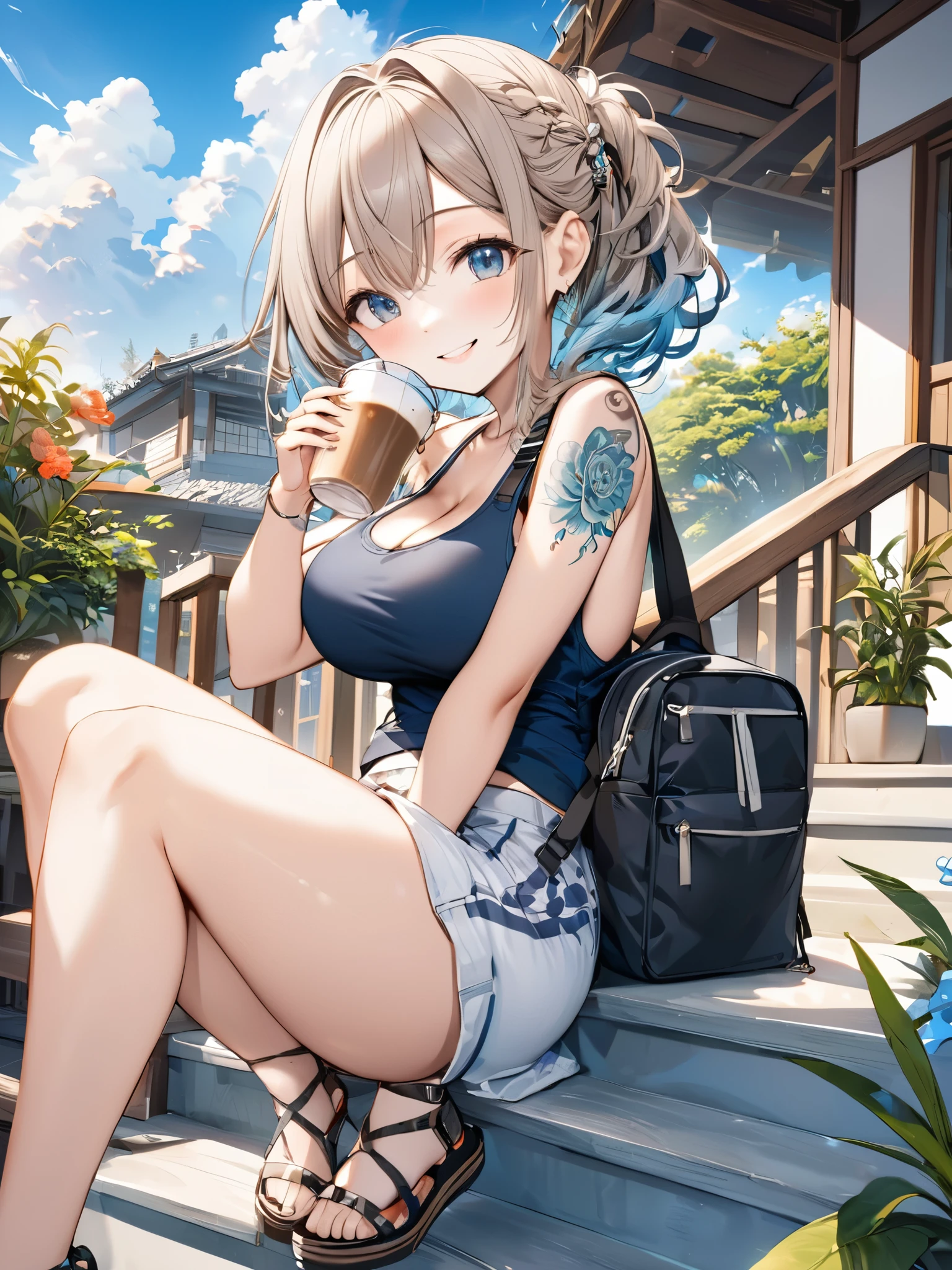 (best quarity,ultra detailed,ultra-high-resolution, 8k, masterpiece), from front, very-cute-and-beautiful-anime-girl,highly-detailed-face-and-eyes,smile, sitting on Long Staircase, drinking ice-coffee, tribal_tatoos, gradation hair, wavy hair, hairpins,big breast, windy, wearing stylish tanktop clothes, small backpack, plants, flowers, blue sky, 