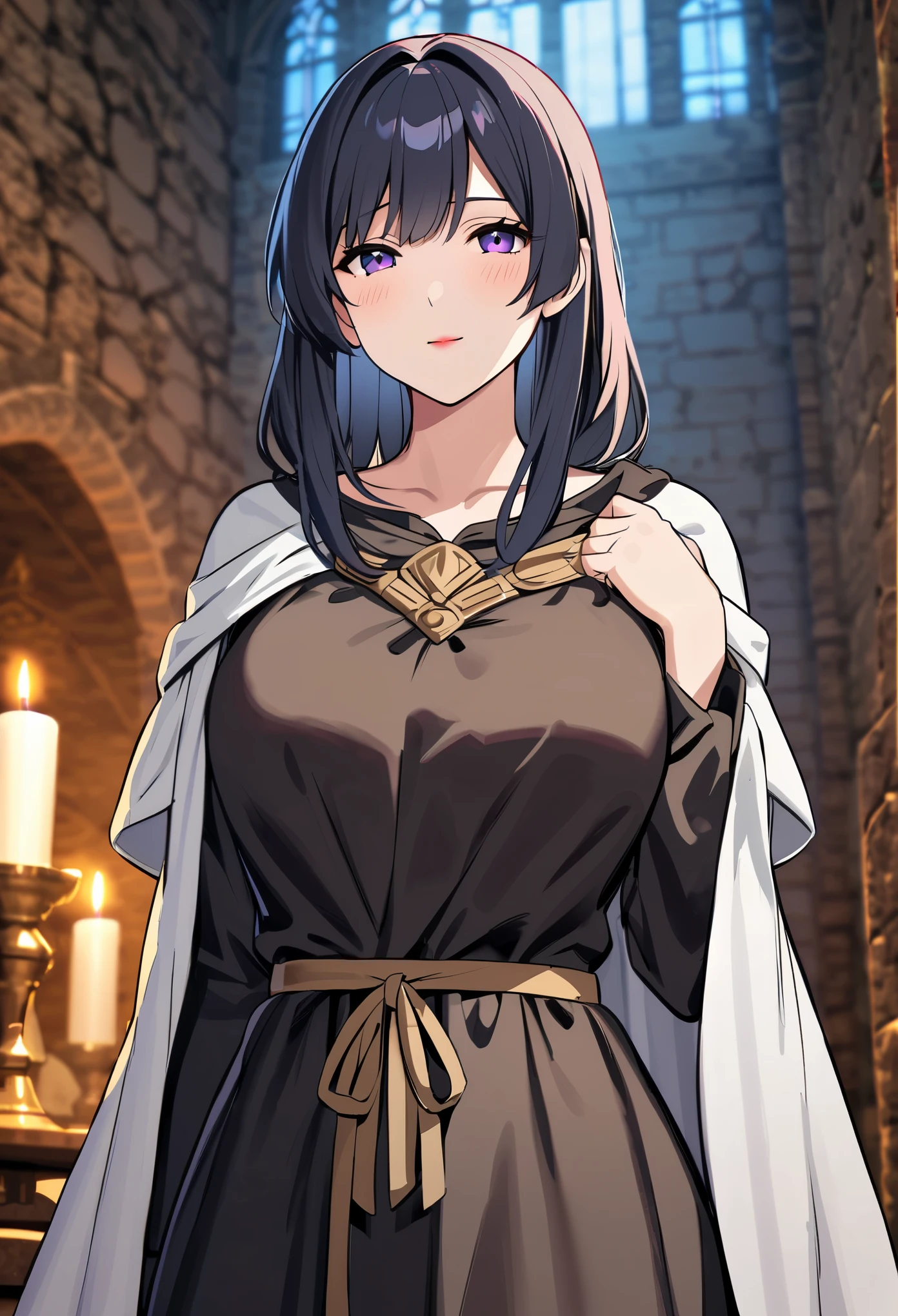 fine，HD，Aesthetic，extremely detailed 8k wallpaper，Top picture quality，(Practical:1.2)，Solo，Upper Body，(cygames:1.2)，A woman，Lipstick，Neat hair，(Medieval European dress:1.3) with Ancient Greek Robe，(There are black strips of cloth hanging on the clothes:1.05)，Church Background，Depth of Field，(dark feeling:1.15)