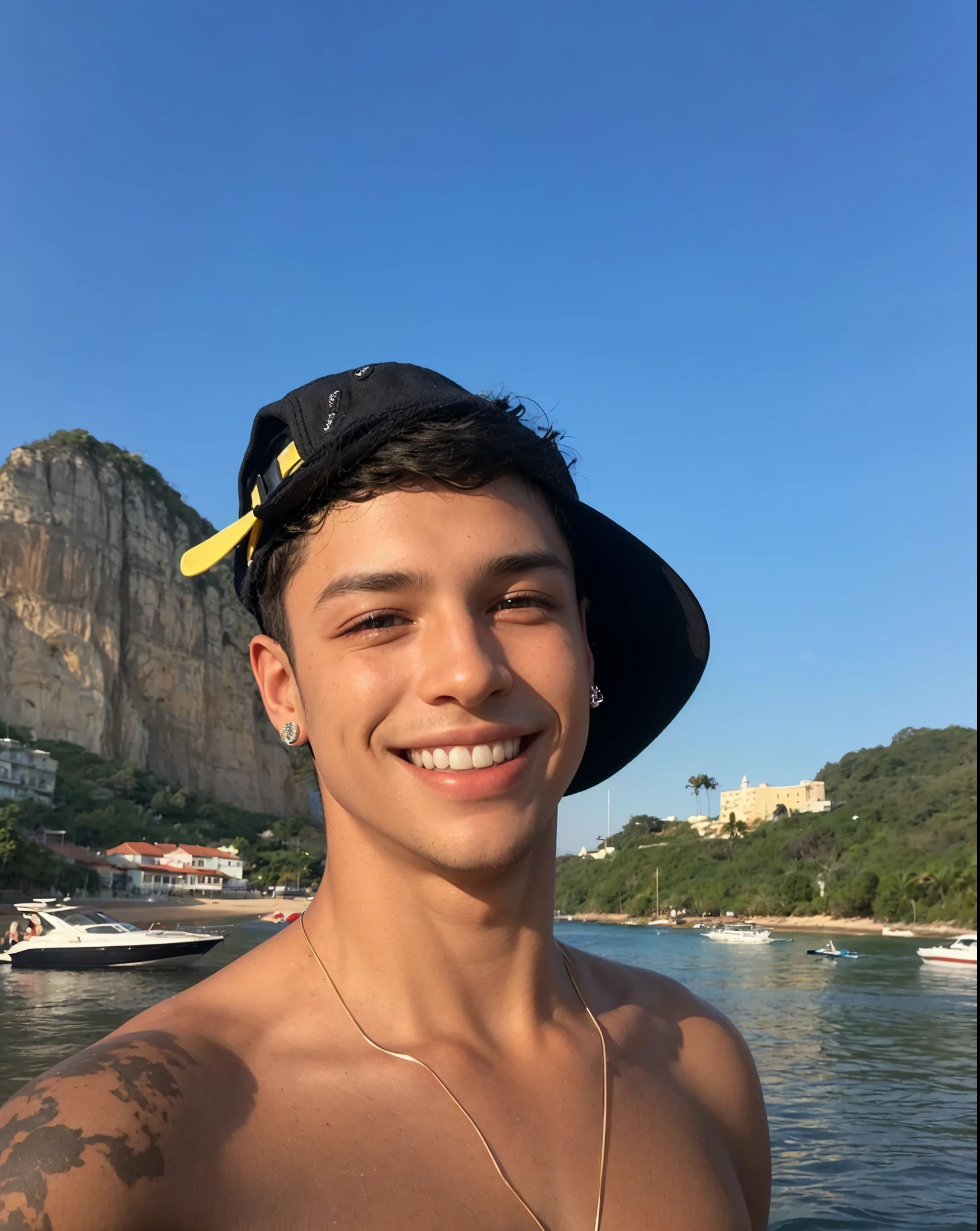 garoto, wearing cap, sorrindo, cabelo preto, brinco na orelha, praia, sorrindo