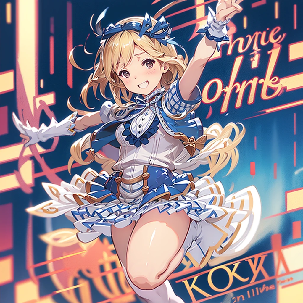 A woman in a blue dress and a white shirt is dancing, one person,smile,Good Smile Company Fantasy,djeeta,Zeta,Blonde Hair, Granblue Fantasy characters,Granblue Fantasy Style, Anime Barbie in White Stockings, PVC Figure, Anime PVC Figures, good smile company anime style, Pop-up Parade Figures, Anime Goddess, April Rendering