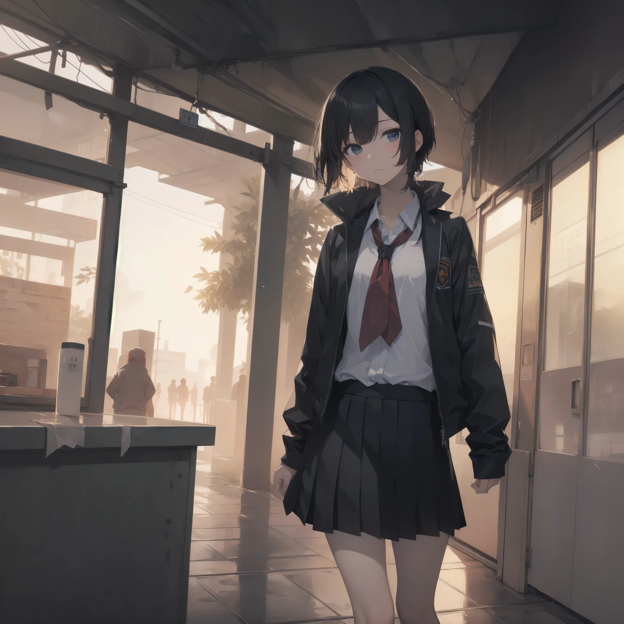 ultra-absurdres-Top quality by artist God, ultra-detailed, high resolution, anime moe artstyle, best anime 8k konachan wallpaper, pixiv contest winner, pool:2810, perfect ???????,break, 1girl, (Please draw a girl walking sleepily to school alone. )break,(Solo,little female, 13-year-old:1.3),Full limbs, complete fingers,a junior high school student,  (very short hair), short cut, flat chest, , small butt, small black eyes, beautiful detailed eyes, well-proportioned iris and pupils, expressive eyes, highres detailed hair, soft expression, school_uniform, neckerchief, collared shirt.  pleated skirt,(Detailed Lighting), (Detailed background), in the School commute route. break,super detailed skin, Best cinematic lighting powered by famous artist, 8k,beauty illustration,photoshop_(medium),very aesthetic,break,((artist:sirabi )), artist:bolze ,artist:oyari ashito ,artist:kantoku ,
