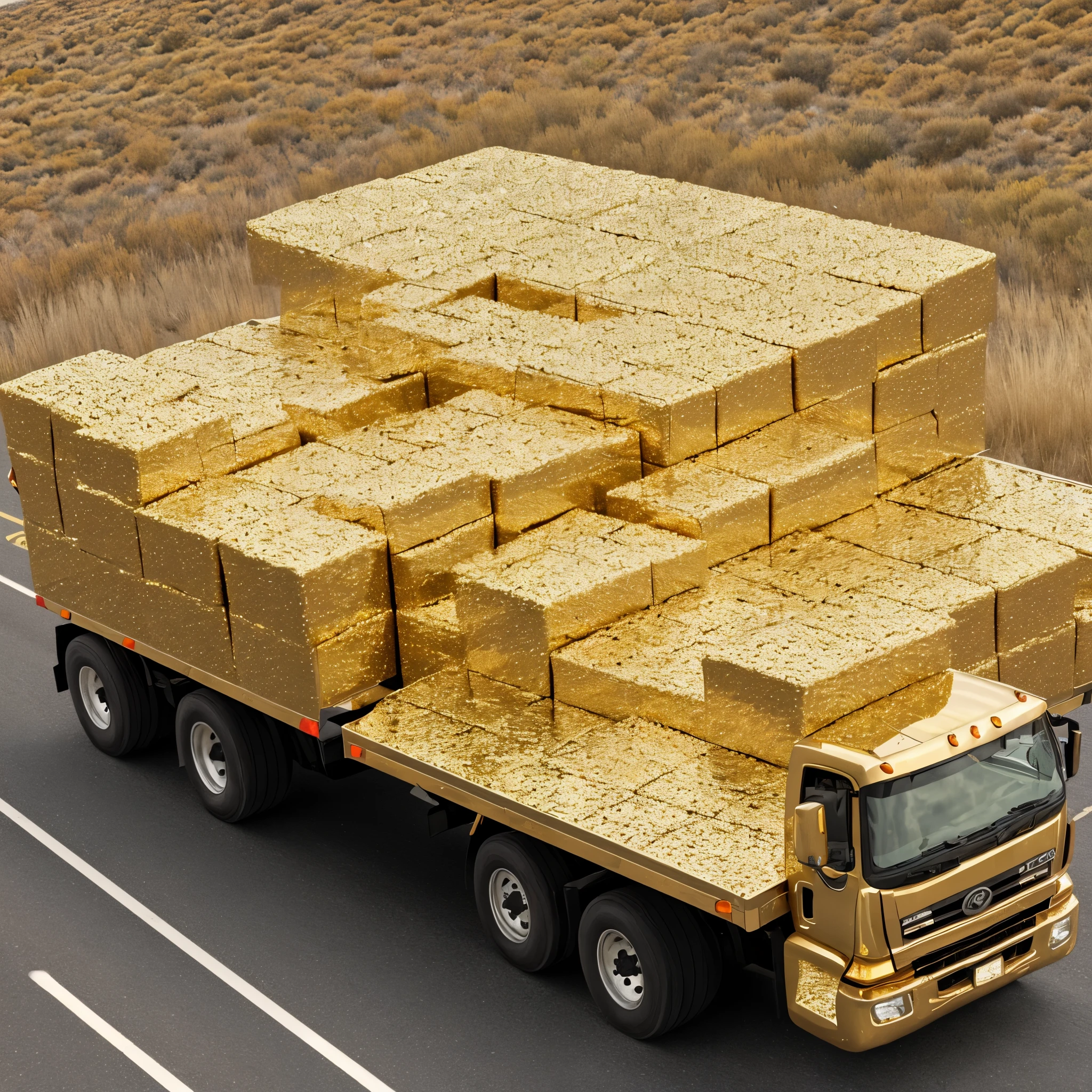 A large truck loaded with gold bars drives on the road.