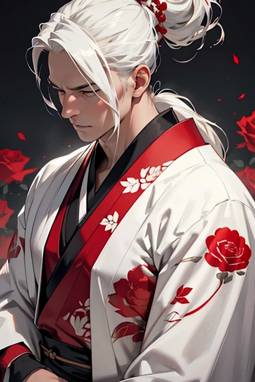 A strong and tall man wearing a complete white kimono with bloody red roses, with white hair and a blondy ponytail. (best quality, ultra-detailed), (realistic:1.5), vibrant colors, detailed facial features, elegant posture, traditional Japanese setting, striking contrast between red and white, dynamic composition