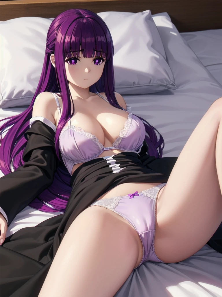 (((Pixel Perfect, Perfect detail))), ((alone, 1 girl)), fern, long hair, bangs, (purple eyes:1.1), purple hair, sidelocks, blunt bangs, (bright pupils:1.5), half updo, long sleeves, dress, white dress, long dress, robe, black robe, (bra), (lying on the bed:1.3), (spread legs:1.3), (showing panties :1.3), upper body, indoor