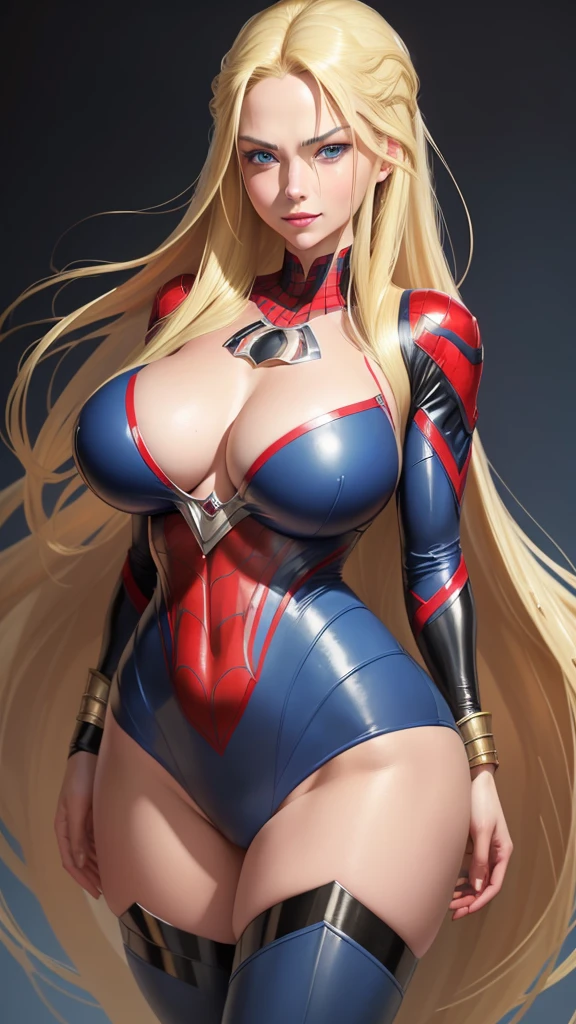 ((masterpiece, best quality, ultra-detailed, ultra-HD, photorealistic, cinematic)), (masterpiece:1.0), (best_quality:1.2), ((Full body photo)). Emily/woman/Chinese is standing, (Spider-Man/Ultraman hybrid costume with blue jewelry on the breastplate/extremely tight on the body/extremely exhibitionist:1.2)), wearing (red lipstick on the mouth:1.0), full body view, facing the viewer, hand on hips, legs parted, confident stance, proud stance, smiling, posing. She has (long blonde hair, slick:1.5) and (blue eyes:1.5), Mortal Kombat, anime, framed, symmetry, 16k, best quality, super detail, textured skin, UHD, (chubby:1.2), (huge breasts:1.4), (wide hips:1.3)