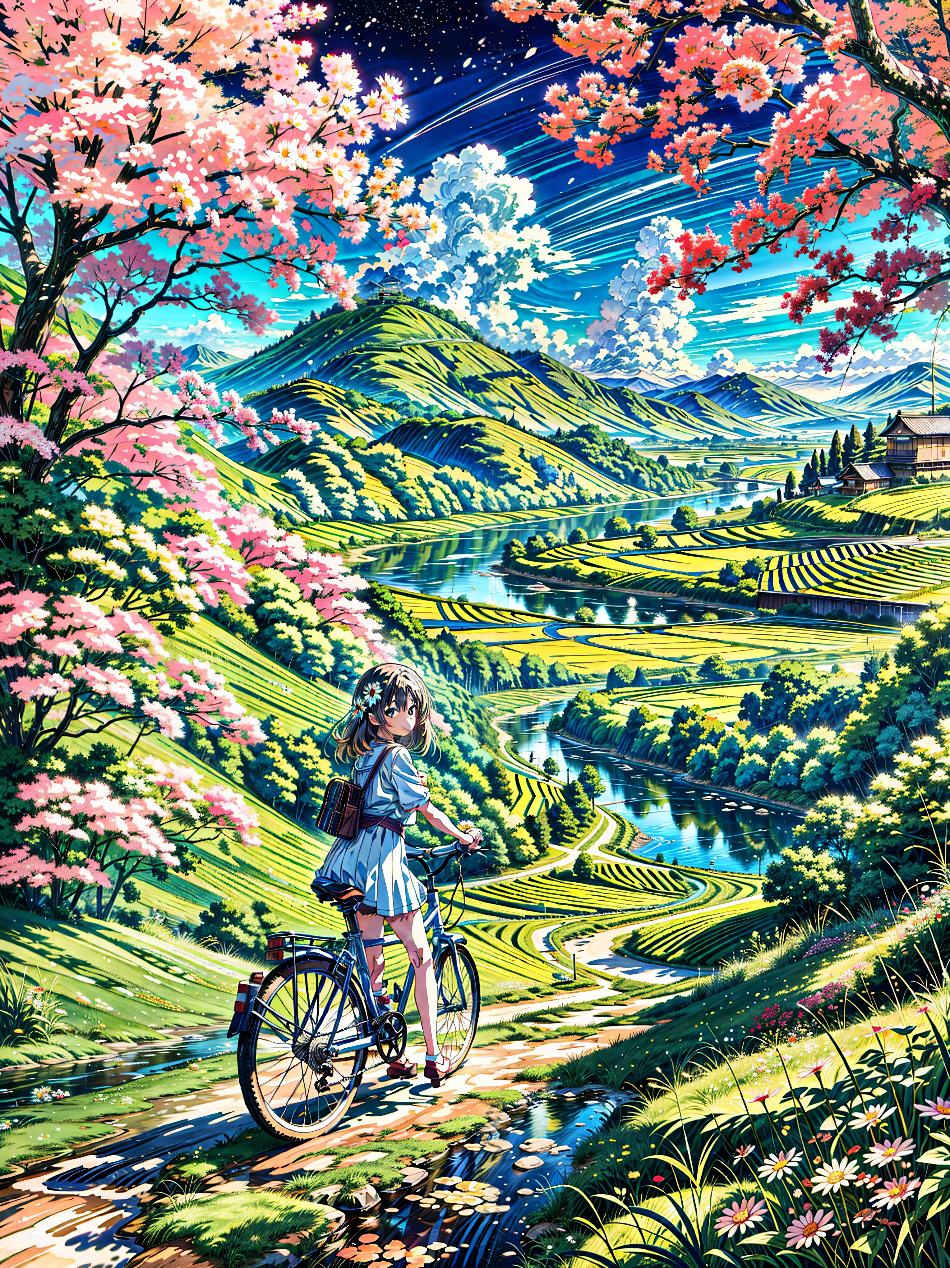 a painting of a woman riding a bike down a dirt road next to a river, flowers, multicolored flowers, village, anime countryside landscape, anime landscape, daisy flowers, anime scenery, japanese rural town, anime landscape wallpaper, japanese countryside, anime beautiful peace scene, anime scenery concept art, anime nature, anime painting, anime nature wallpap, beautiful anime scenery, countryside in japan, rural japan, clean anime art, beautiful anime art style, very beautiful matte painting, beautiful nature,  4k hd, beautiful art uhd 4 k, a beautiful artwork illustration, beautiful digital painting, highly detailed digital painting, beautiful digital artwork, detailed painting 4 k, very detailed digital painting, rich picturesque colors, gorgeous digital painting