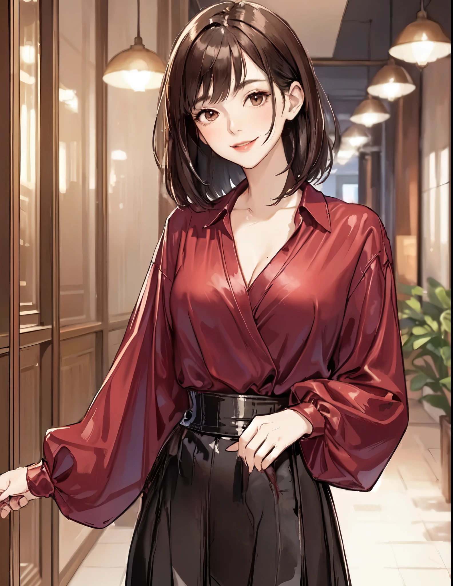 1lady solo, walking slowly, (deep red silk blouse) (leather skirt), mature female, /(brown hair/) bangs, blush light smile, (masterpiece best quality:1.2) delicate illustration ultra-detailed, large breasts BREAK (corridor of high-end restaurant:1.2) indoors, detailed background