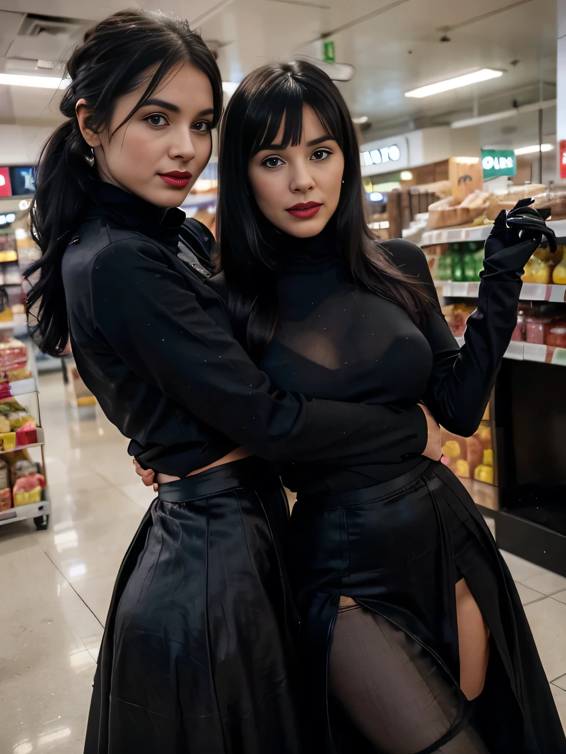 proFessional photograph oF a gorgeous sadic smiling Bettie page girl and her sister, ((inside a supermarket , grabbing her from behind, she was bad and she seserve it,)dressed with a large black cloth coat,ponytail Black hair, red lipstick, black long maxi-skirt(black long maxi-skirt:1.2),sultry Flirty look, gorgeous symmetrical Face, joli maquillage naturel, wearing elegant warm winter Fashion clothing, flirting with the camera, ((black gloves)),, ultra realistic, art conceptuel, elegant, Very detailed, complexe, sharp Focus, depth oF Field, F/1. 8, 85mm, (((proFessionally color graded))), bright soFt diFFused light, (volumetric Fog), tendance sur Instagram, hdr 4k, 8K