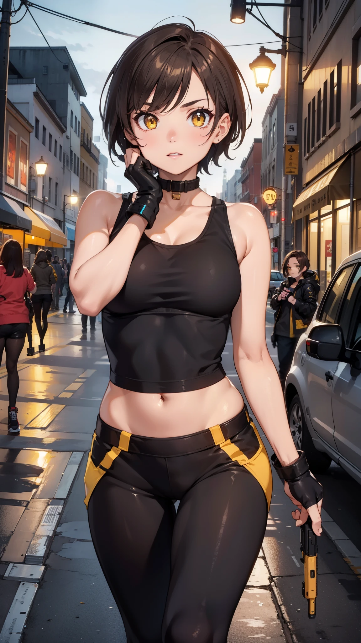 street dancer, short hair, brown hair, yellow glowing eyes, perfect lips, cute expression, cute face, cute pose, fingerless gloves, gun, tank top, jacket, cute pose, ultra detailed face, long eyelashes, sharp eyes , Fullbody shot, dinamic viewer,