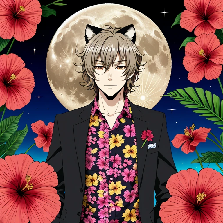 Wolf,full moon,Handsome,Dandy,Tropical Shirt,hibiscus,Anpanman,Anime Style