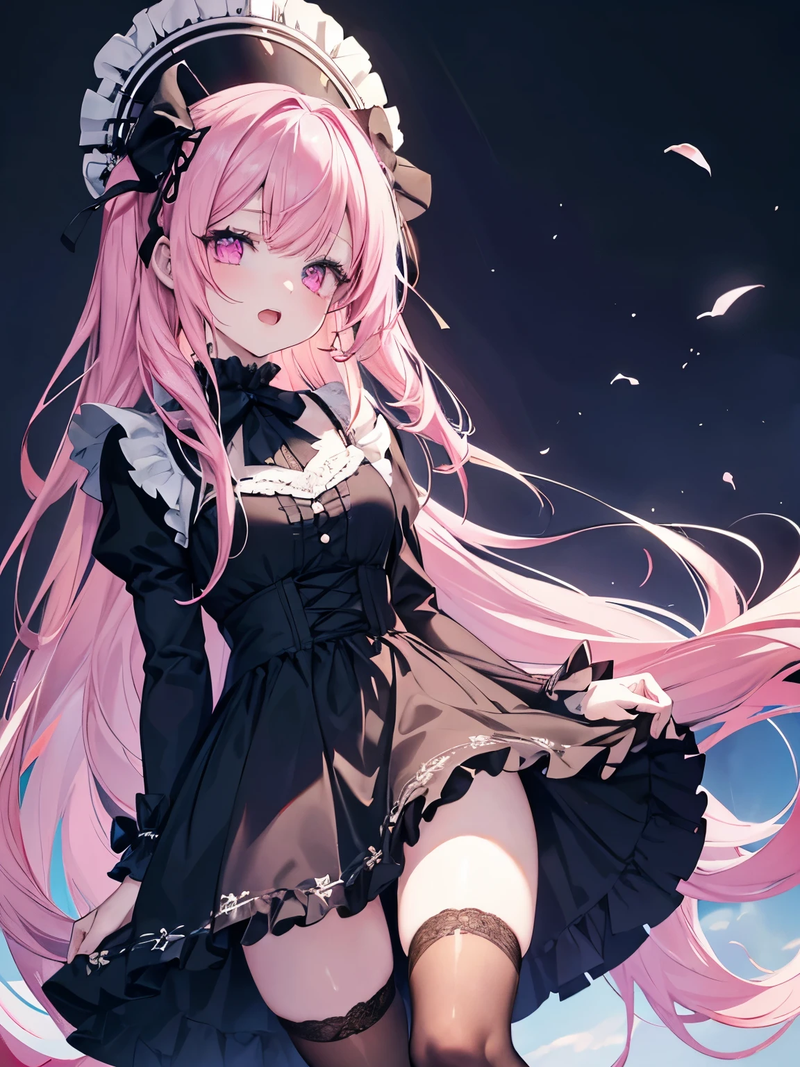 masutepiece, Highest Quality, (Perfect face:1.1), (high detailing:1.1), (ultradetailed eyes), Dramatic, superfine illustration, Extremely detailed,1girl in, teenager,(pale skin), Happy, Laugh, Enjoy,gloweyes,long pinkhair,pink eyes,Ethereal eyes,open mouth, Simple eyes,Solo,Pouty lips,Cinematic lighting,looking up,Long sleeve,Gothic lolita, frilld, bow ribbon,knee high socks, Hold the hem of the skirt