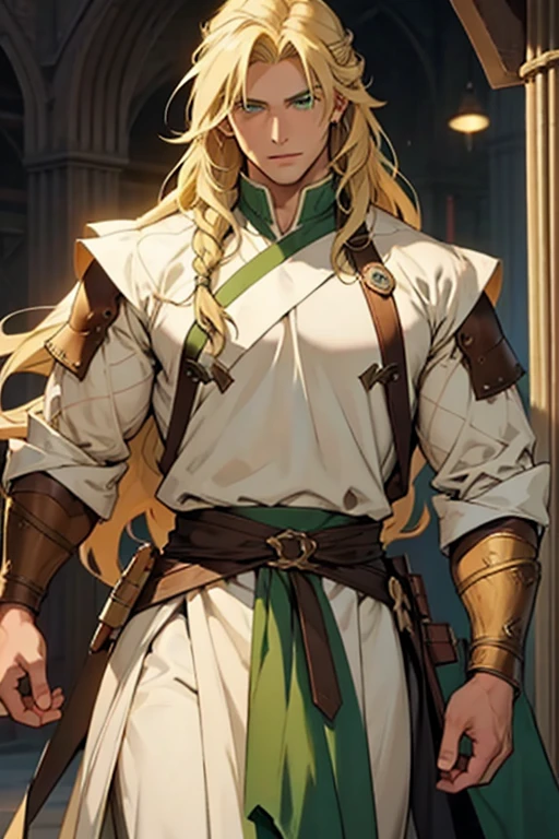 handsome masculine man, green eyes, ash blond hair, shoulder length long hair, green medieval noble clothes, light skin