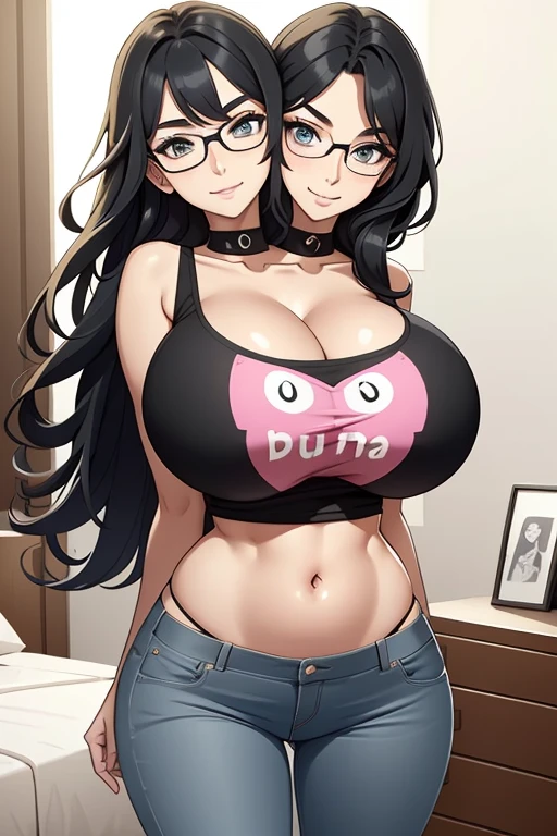 2 heads, a short thin woman with 2 heads. Extremely huge breasts. In a bedroom. Wearing a colorful belly shirt with a graphic on it. Wearing jeans. Young. Happy. Thin face. Seductive eyes. Long messy hair. Sexy. Smiling. Gigantic breasts. Nerdy, sexy nerd appearance. Deep cleavage. Hard nipples under shirt. Gigantic round breasts. Enormous fake round breasts. Giant circular breasts. Selfie POV, taking a selfie.