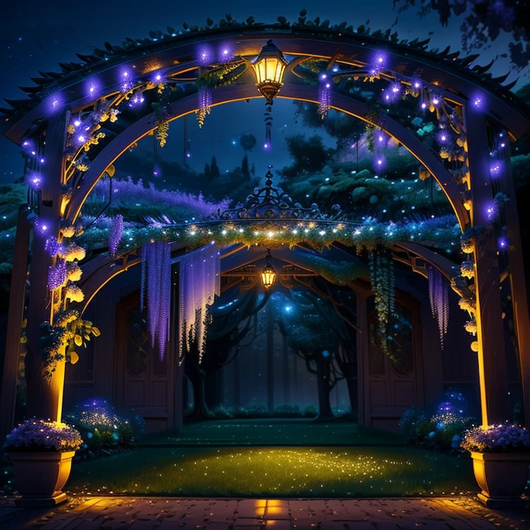 Picture a breathtaking scene at night, where a beautiful Wisteria trellis is illuminated by a spotlight, casting an ethereal glow on its delicate purple blossoms. The intricately detailed petals shimmer in the soft light, creating a mesmerizing display of color and texture. The trellis, adorned with luscious green vines, seems to be reaching out towards the clear night sky, as if inviting the stars to dance with its blooms. The cool night air carries the sweet aroma of the wisteria, adding to the enchanting atmosphere. The wisps of the wisteria's tendrils create an artistic interplay of light and