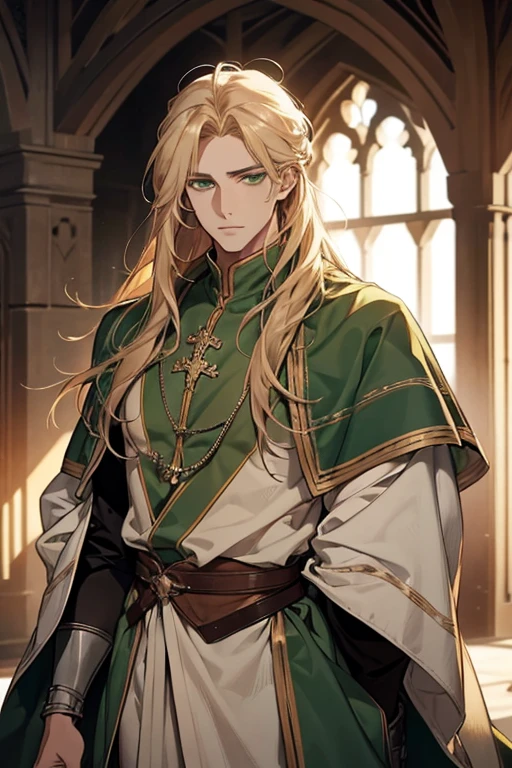 handsome masculine man, green eyes, ash blond hair, shoulder length long hair, green medieval noble clothes, light skin