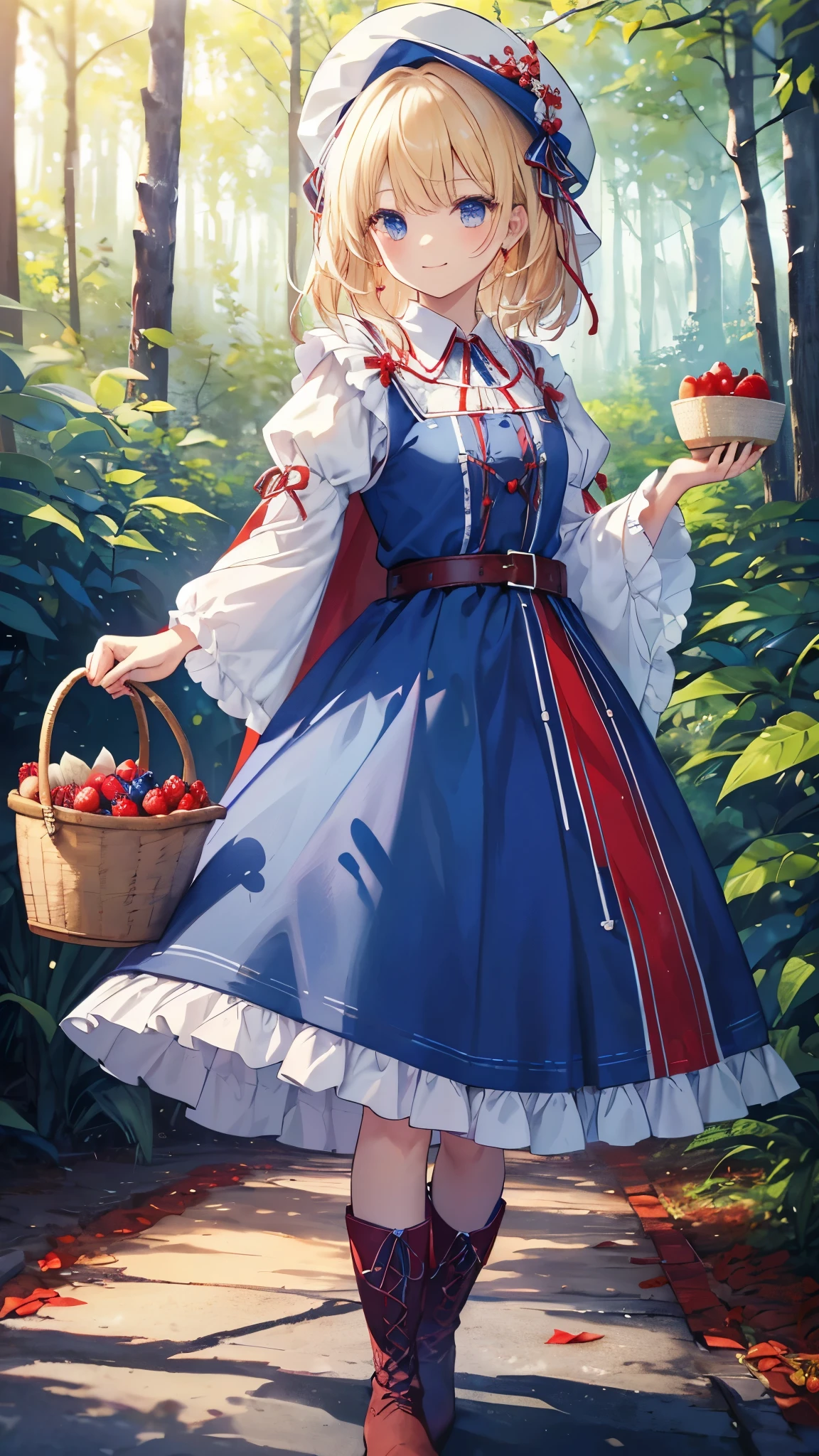 Finnish national costume Kansalis Puku(Blue clothes、belt、Brushed fabric boots。Dress hem and sleeves、collar、Red embroidered tape on the chest..、Ruffles at hem。Wear a long fringed cape。)I'm wearing、White woman、Blonde、smile、Happy expression、Holding a basket of berries in each hand。Daytime、Forest Road Background