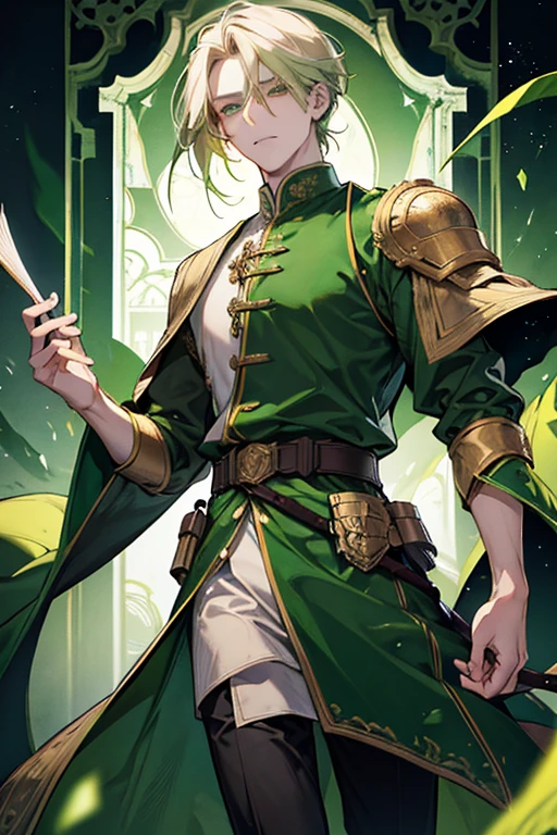 handsome masculine man, green eyes, ash blond hair, shoulder length long hair, green medieval noble clothes, light skin