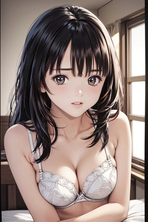 A fifty-something Japanese woman wearing white underwear sitting on the floor, realistic young gravure idol, Yoshitomo Nara, sakimichan, Young beautiful girl gravure idol, young gravure idol, shikamimi, Chiho, 8K)), 若いsensualグラビアアイドル, Glossy skin!!, shiny silver,On top of the futon,tatami,Mole under left eye,Cute freckles on the cheeks,((beautiful skin)),((skin texture)),((real skin feel)),(Decorative detailed bra , sensual )