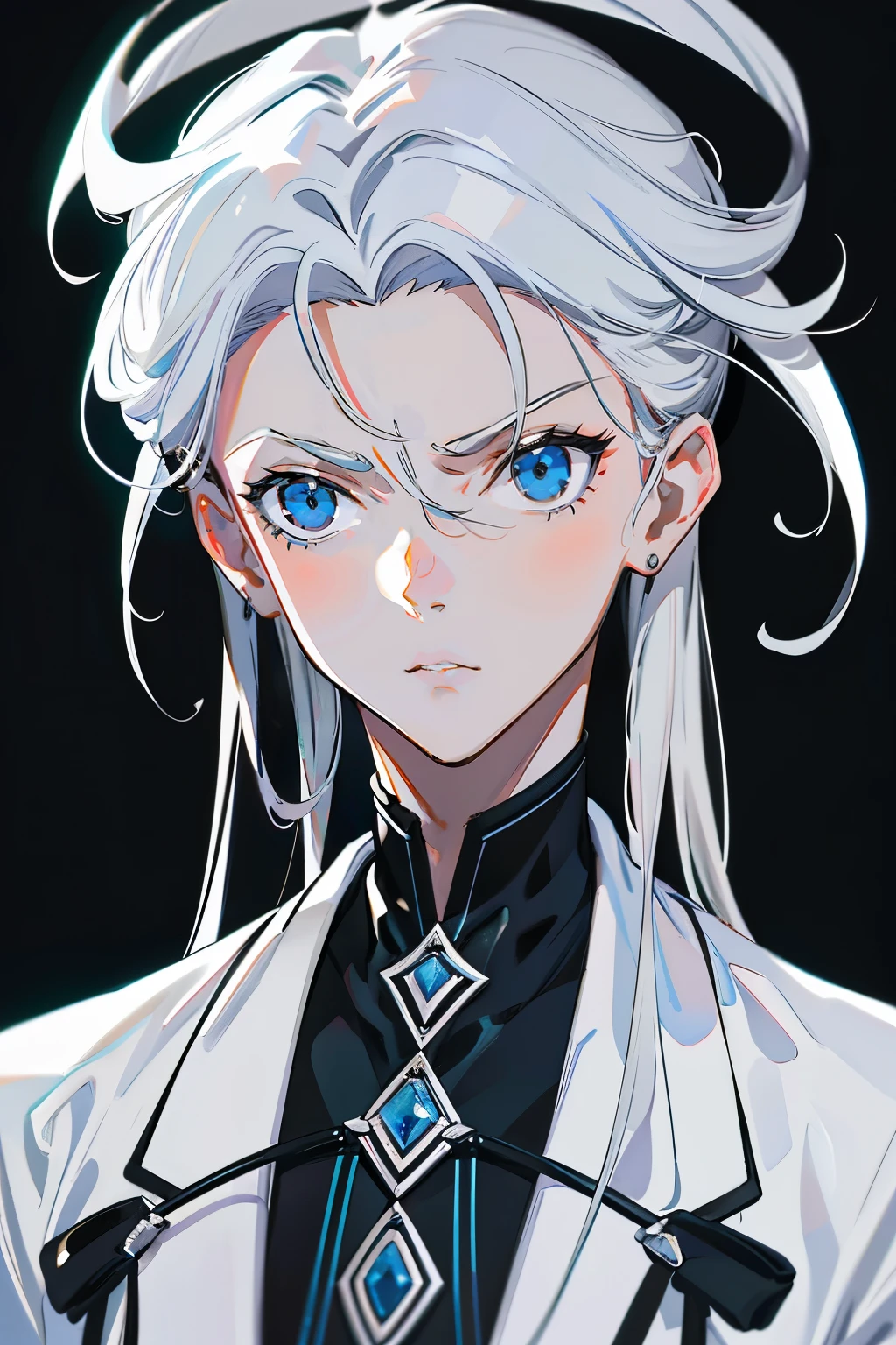 Boy, silver hair, blue eyes, serious sharp features, white skin, handsome, black shirt