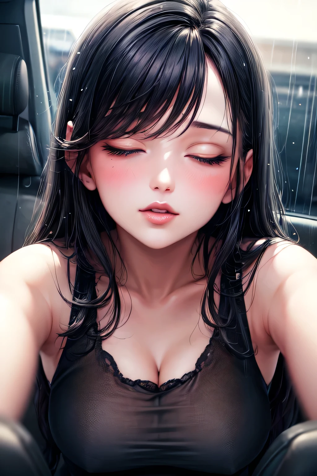 (subject)A sexy woman(seductive eyes),(cleavage), bending forward,(through car window), in the(night time),(raining). (medium)An oil painting(medium) with(vivid colors) and(ultra-detailed) brushstrokes. The woman is portrayed with(extremely detailed eyes and face),(longeyelashes), and(beautiful detailed lips). Her seductive gaze captures the viewer's attention, while her posture exudes confidence and allure. The raindrops on the car window add a touch of mystery and sensuality to the scene. The lighting in the painting creates a moody atmosphere, emphasizing the woman's beauty and enhancing the overall(seductive) vibe.