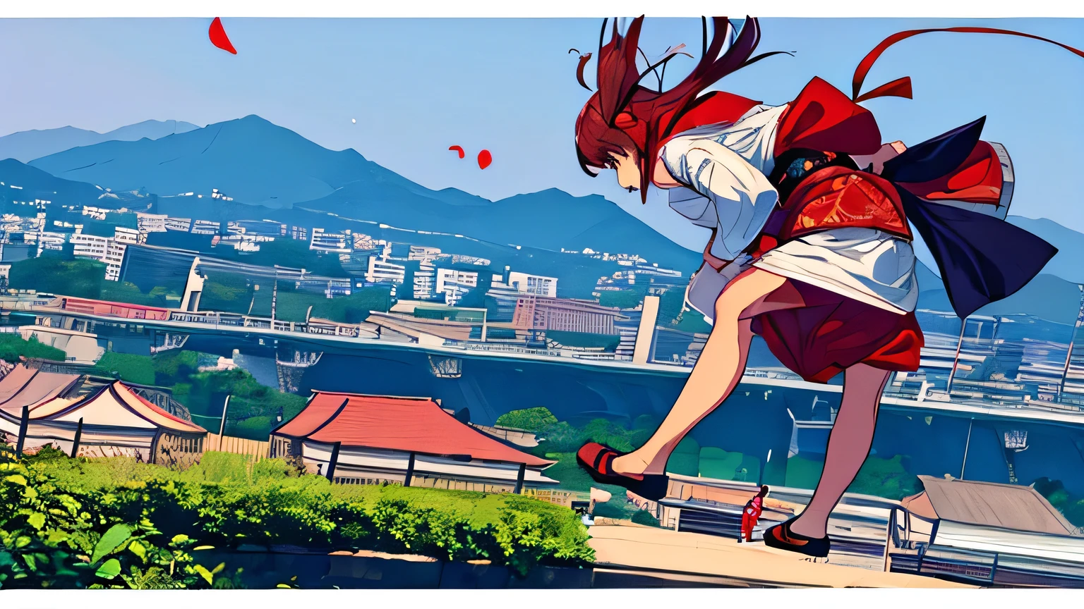 ((highest quality)), ((masterpiece)), (be familiar with), battle, Girl, battle, Japanese style, Sprint, Overlooking, building, jump, multiple, red, petal, Two people