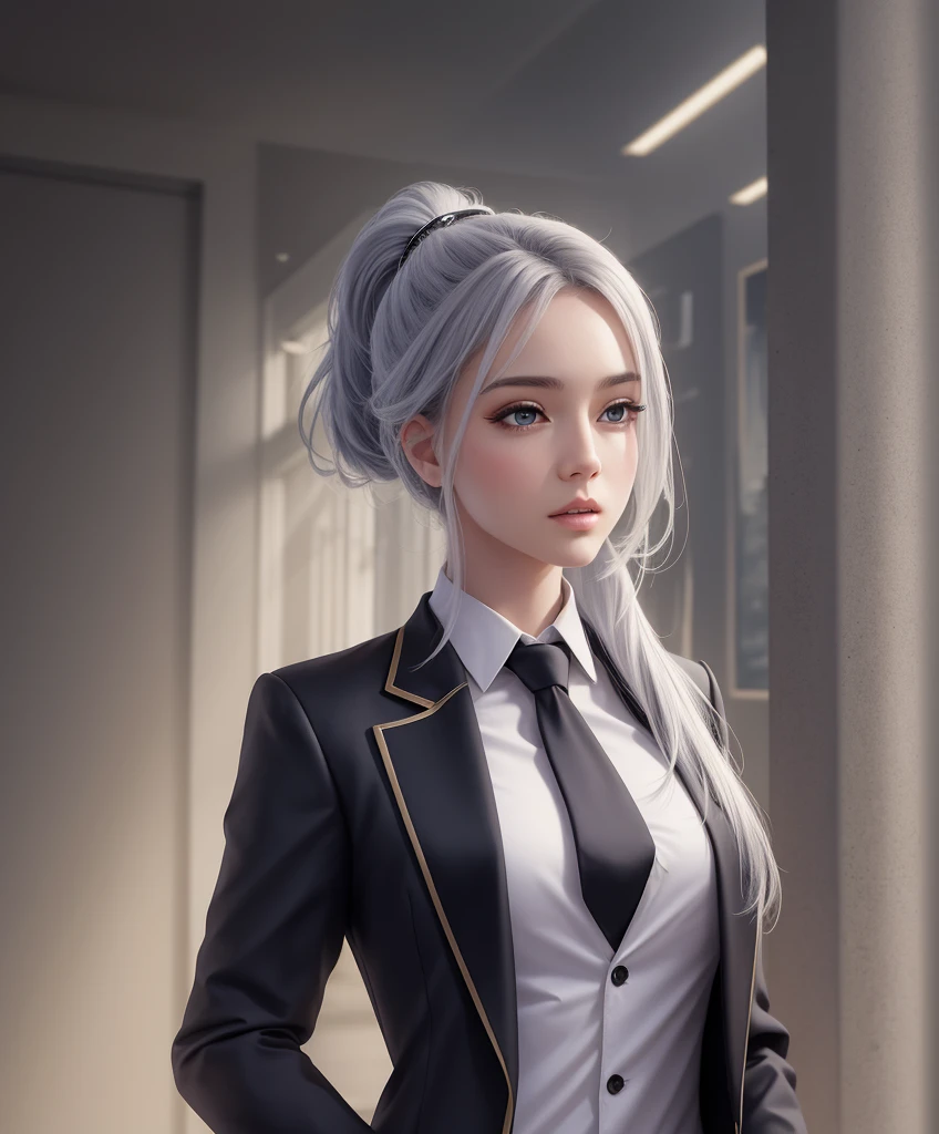 (Best quality, masterpiece, ArtStation, Fantasy Art:1.2), A beautiful young girl, (silver ponytail hair:1.1), (long black blazer suit, tie, trousers), character art, window panels, lights background