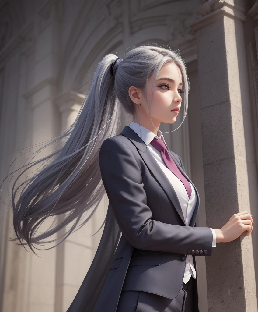 (Best quality, masterpiece, ArtStation, Fantasy Art:1.2), A beautiful young girl, (silver ponytail hair:1.1), (long black blazer suit, tie, trousers), character art, window panels, lights background