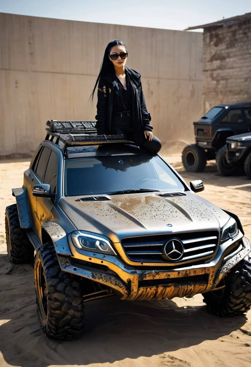 Off-road vehicle acceleration, Covered with mud, Rusty, Mad Max style, There are metal spikes all over the car., futurist, Reflective paint, Similar to Mercedes,suv,GLK-300-2013,body grey,Wheel gold,(LB-Works Full Version: walk), Long front hood, Transparent glasses, shiny big, Surreal, 8k, night, Inside a garage with black metal walls, Revelation, There is a beautiful girl in front of the car, 她穿着Mad Max style的服装,Wearing sunglasses , She has black hair,Wearing a ponytail,Wearing an Arab headscarf on her face..
