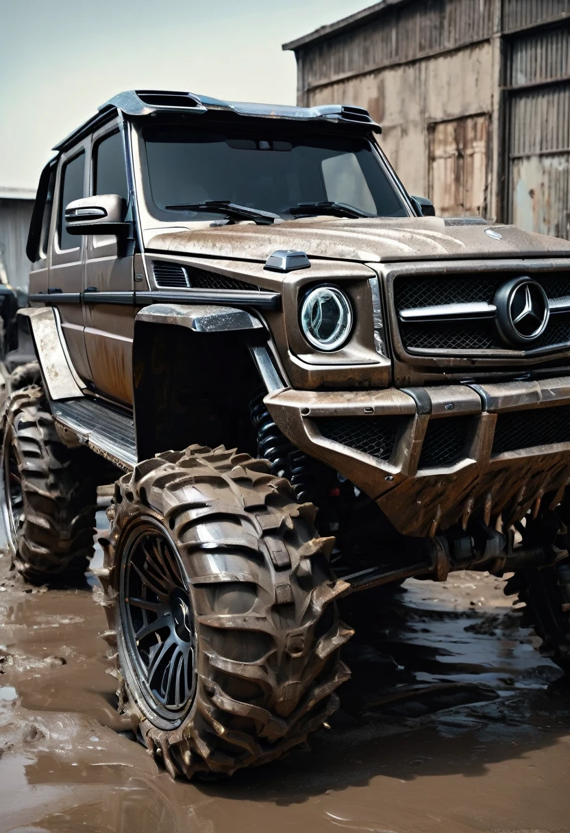 Off-road vehicle acceleration, Covered with mud, Rusty, Mad Max style, There are metal spikes all over the car., futurist, Reflective paint, Similar to Mercedes,suv,GLK-300-2013,body grey,Wheel gold,(LB-Works Full Version: walk), Long front hood, Transparent glasses, shiny big, Surreal, 8k, night, Inside a garage with black metal walls, Revelation, There is a beautiful girl in front of the car, 她穿着Mad Max style的服装,Wearing sunglasses , She has black hair,Wearing a ponytail,Wearing an Arab headscarf on her face..