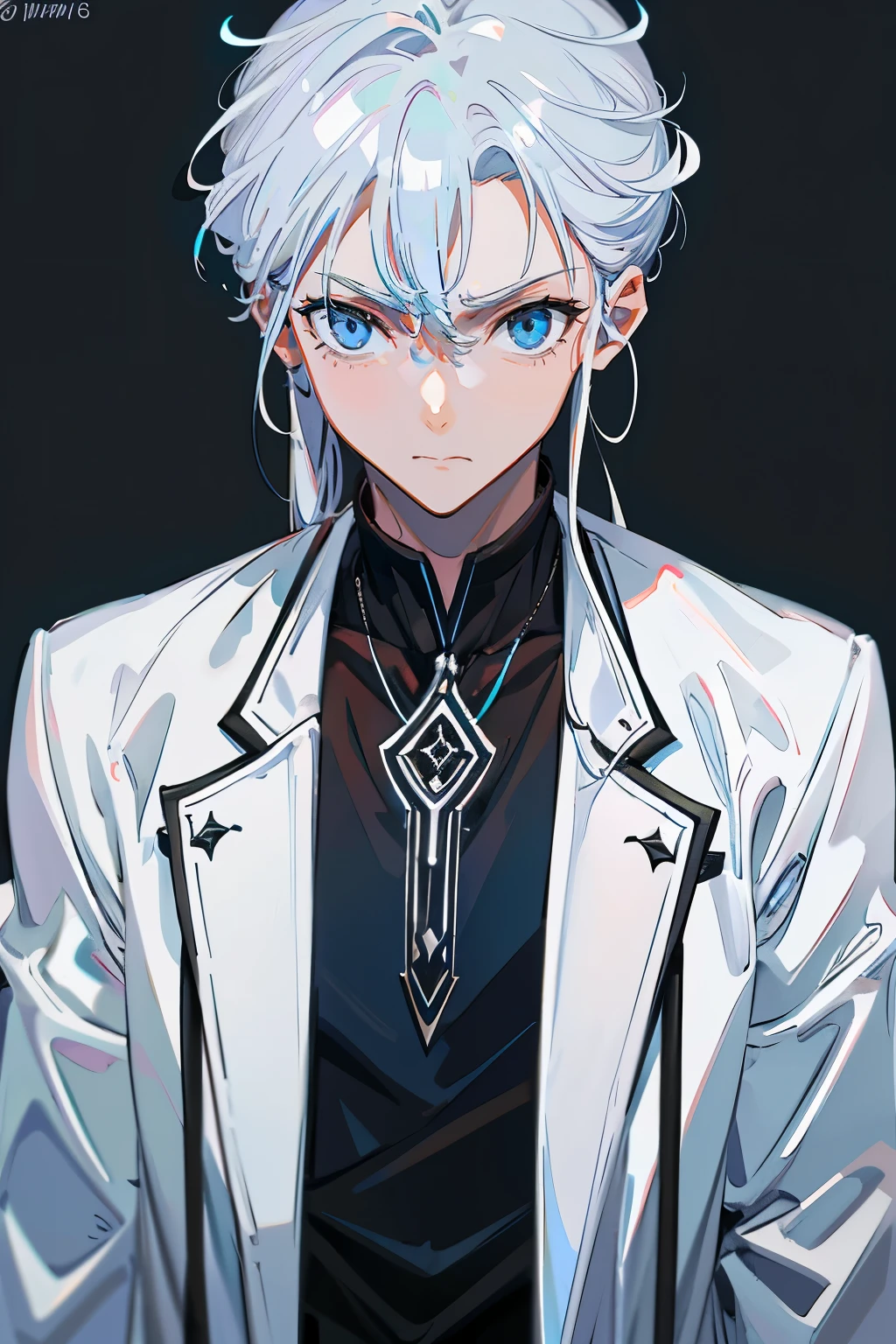 Boy, silver hair, blue eyes, serious sharp features, white skin, handsome, black shirt