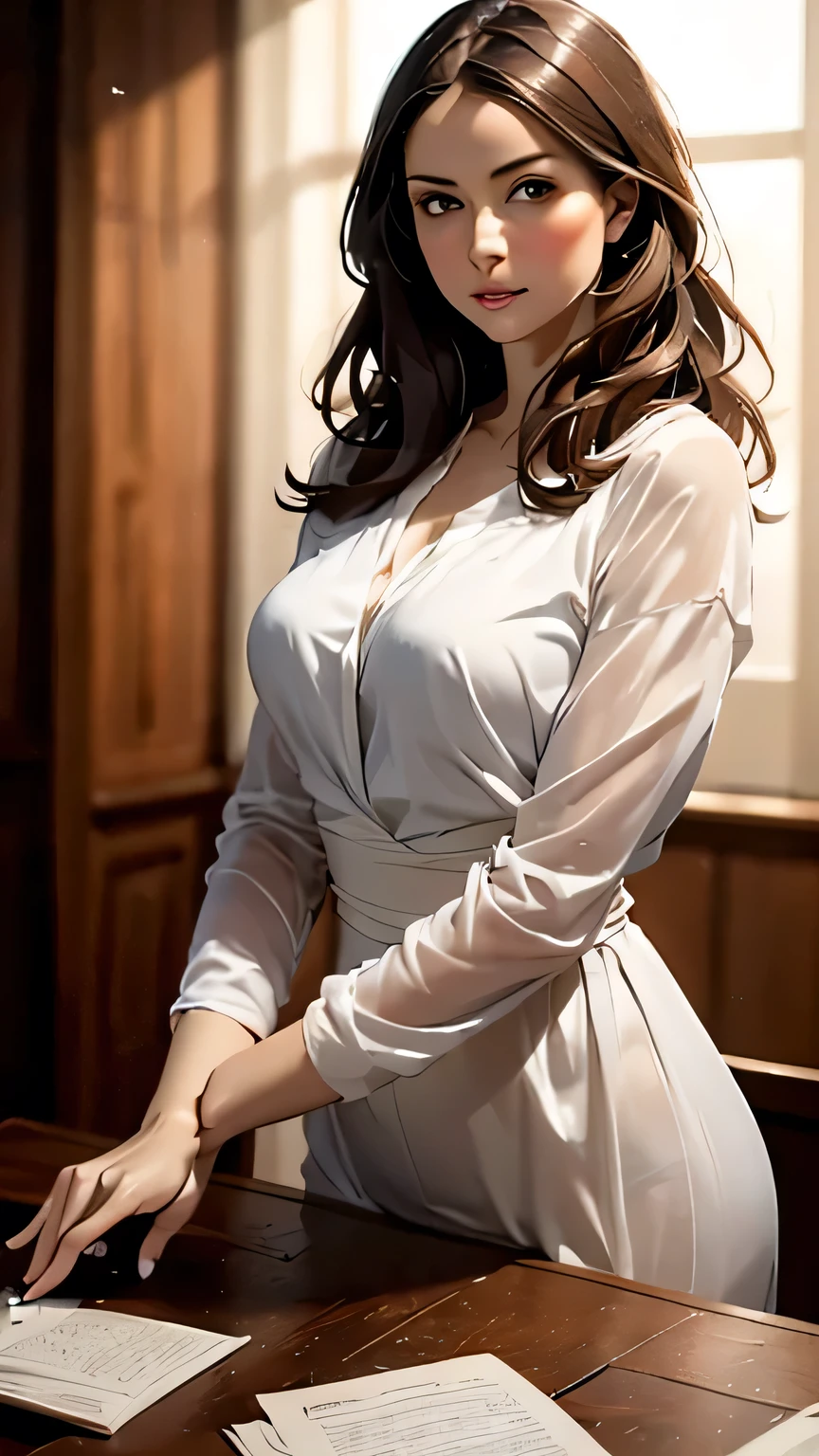 ((masterpiece, Best quality, a high resolution, ultra detailed),(beautiful and aesthetically pleasing:1.2), 1 woman, adult, perfect body, Wavy dark hair, green eyes, high short ponytail, Beautiful, Detailed eyes and face, long oversized shirt, Converse sneakers, golden hour, Field of Flowers, complex parts