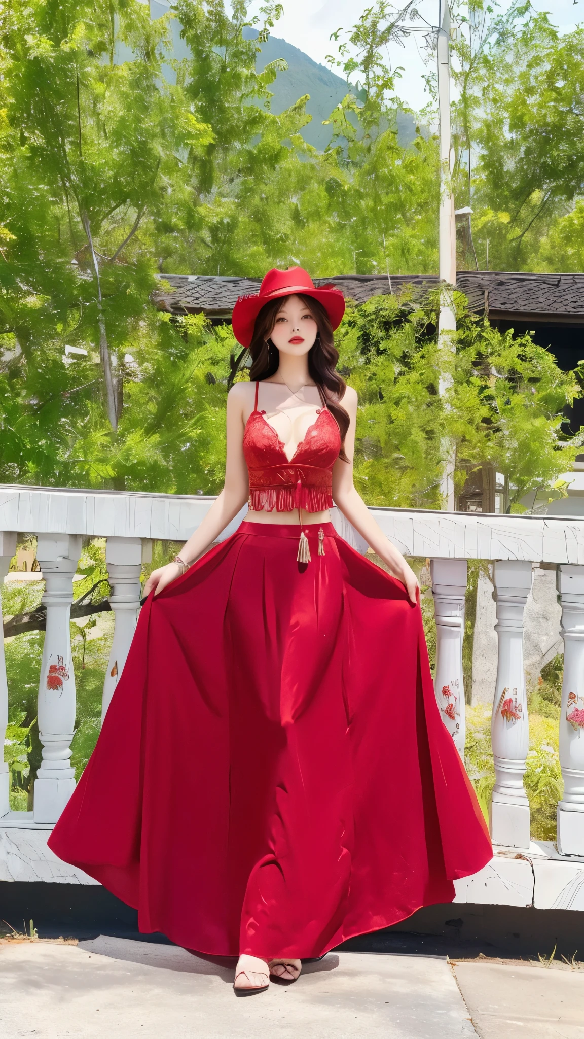 Red cowboy hat，Deep V neckline camisole，Red skirt，Tassel waistband