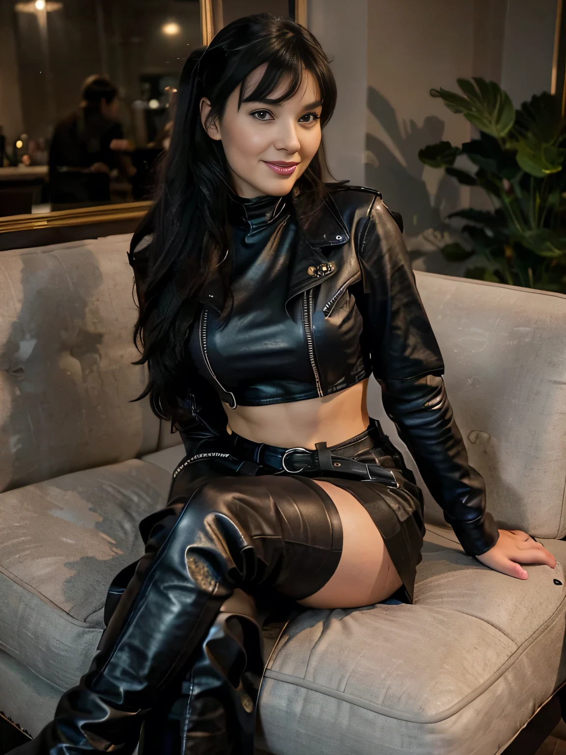 Best Quality, 8K, 32K, master piece ,ultra detailed,full body,ponytail Hair , hair color is black ,Wave hair , bettie page 27 years old ,leather jacket(black leather jacket:1.2),tube top ,black gloves, black long maxi-skirt(black long maxi-skirt:1.2),black short boots,smiling,indoor,sit in a chair,crossed leg,