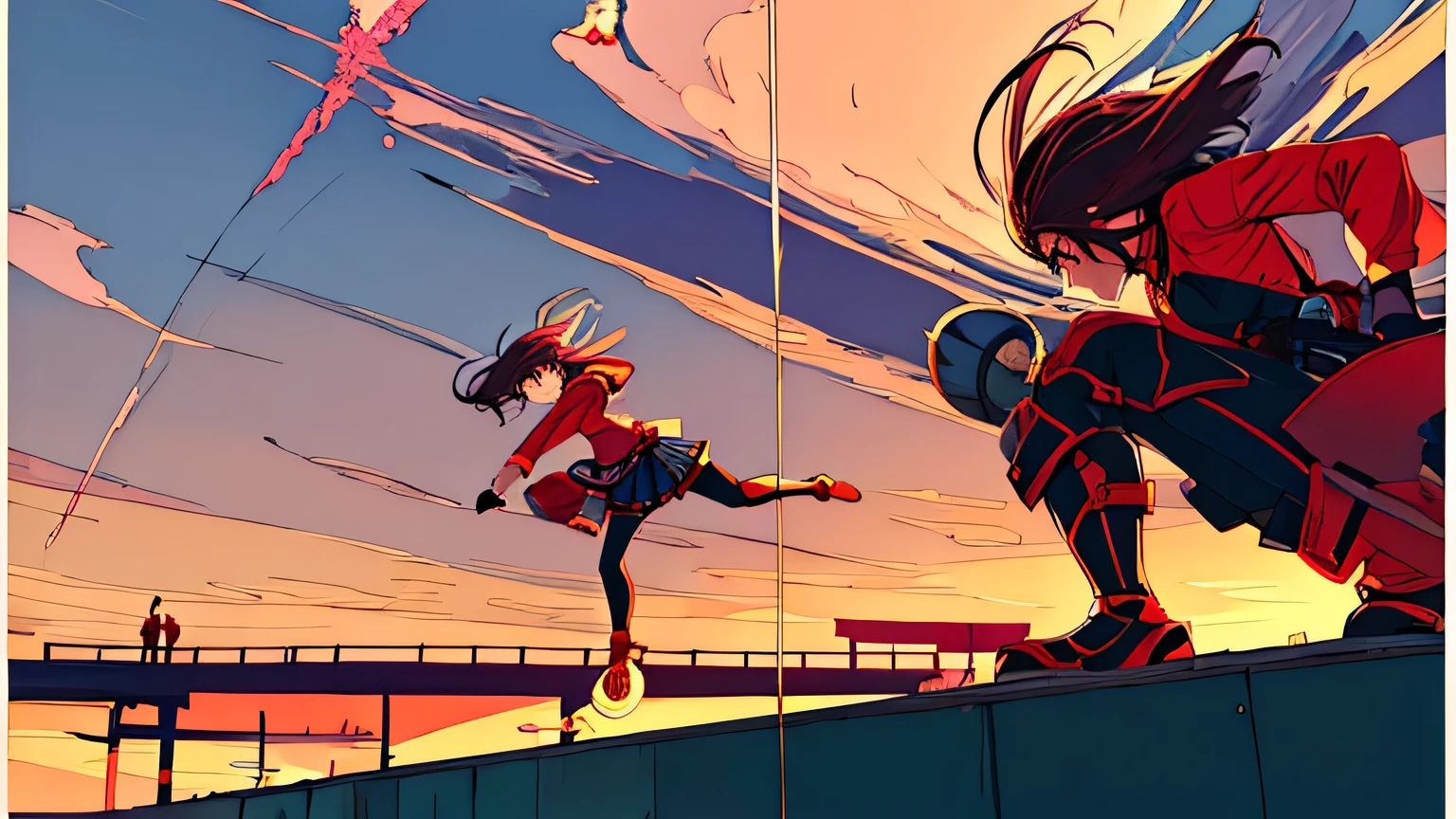 ((highest quality)), ((masterpiece)), (be familiar with), battle, Girl, battle, Japanese style, Sprint, Overlooking, building, jump, multiple, red, petal, Two people