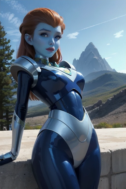 (Masterpiece, Best quality:1.1), (Milanova:1.05), 1girll, Solo, Spacesuit, Blue skin, Looking down, Outdoors, Alien planet, Extraterrestrial life, Landscapes, atmosphere,