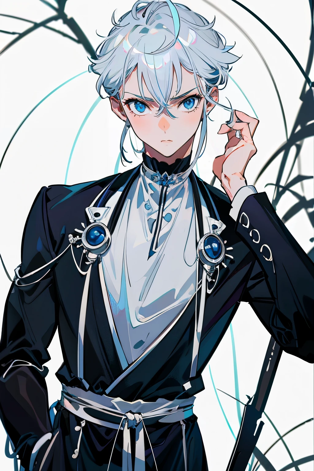 Boy, silver hair, blue eyes, serious sharp features, white skin, handsome, black shirt