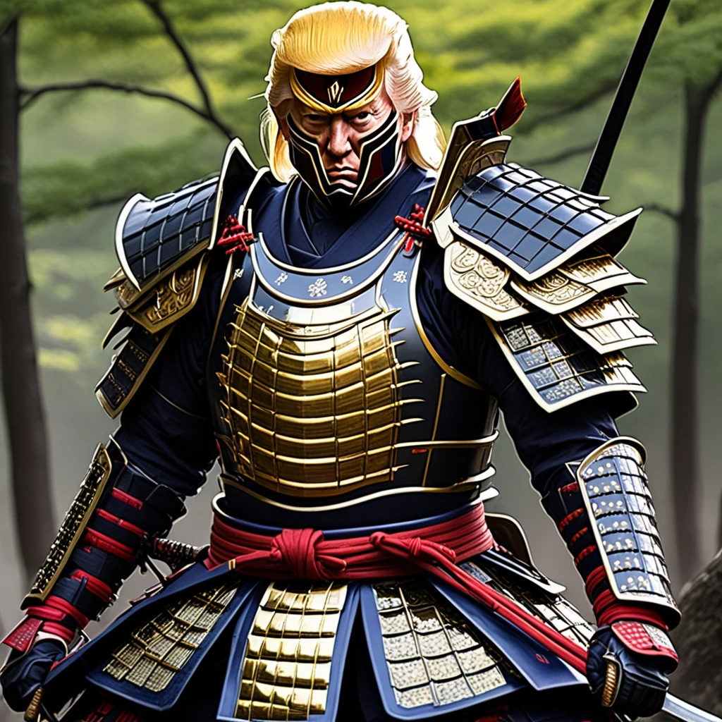 Donald Trump as a Samurai in American colored armor, slaying the demons that are the Democrat