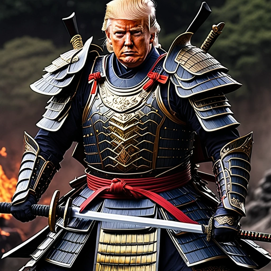 Donald Trump as a Samurai in American colored armor, slaying the demons that are the Democrat