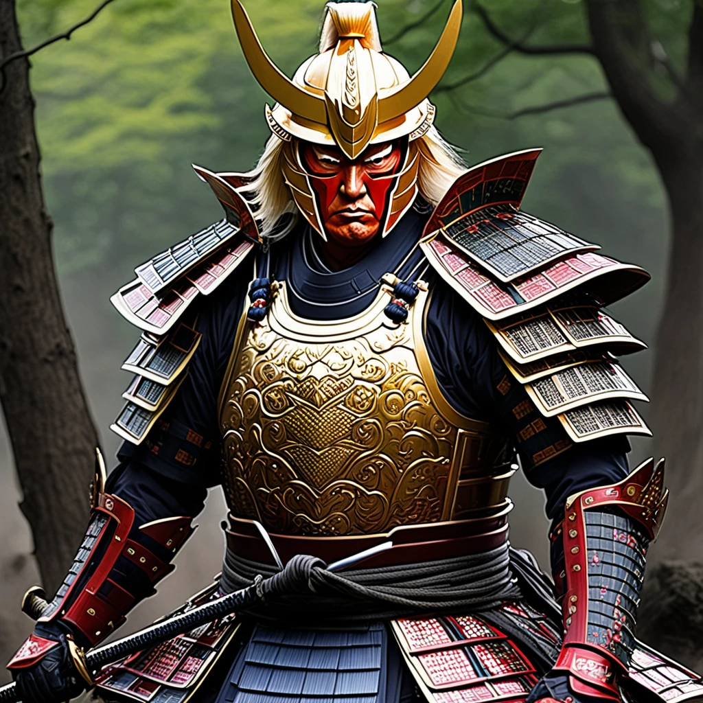 Donald Trump as a Samurai in American colored armor, slaying the demons that are the Democrat