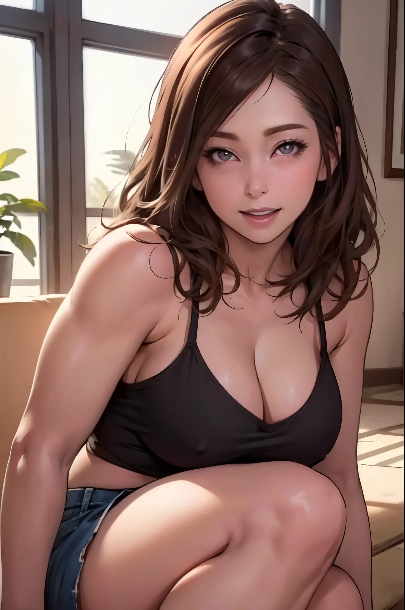 (RAW photo), (Realistic), (photo-realistic), ultra high resolution, masterpiece, highest quality, portrait, facial portrait, perfect lighting, detailed lighting, dramatic shadow, ray tracing, 1 Japanese beautiful mature lady, 40 years old, Voluptuous, cleavage, plump body type, symmetrical eyes, beautiful detailed brown eyes, chubby lips, red lips, Super high resolution perfect beautiful teeth, ((big tits:1.2)), big ass, big thick thighs, long wavy hair, black hair, half open mouth, smiling, looking at viewer, (Camisole:1.2), (denim mini skirt:1.2), in living room,