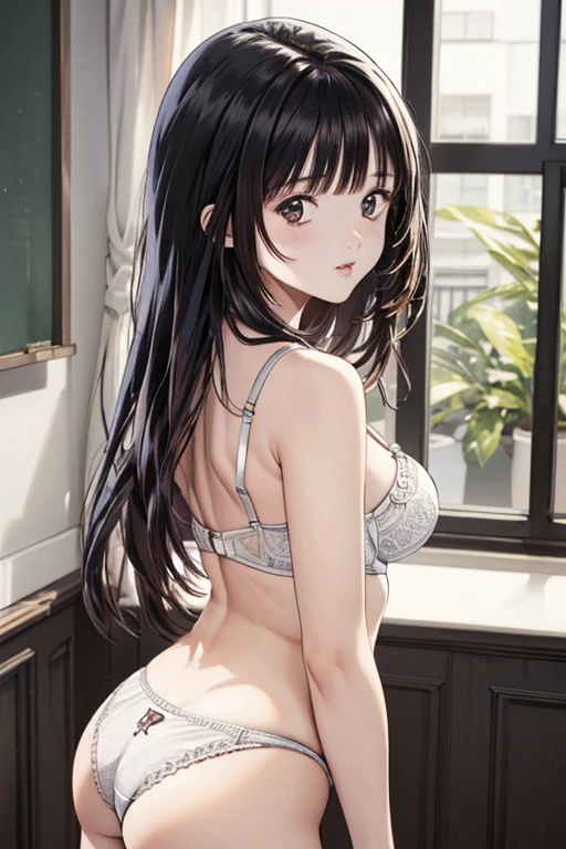 (8K、top-quality、​masterpiece:1.2)、(realisitic、ultra-detailliert、超A high resolution、beautifull detailed face,perfect body,(1girl,black long hair),(white bra,white panty),looking back,in school infirmary,pov,
